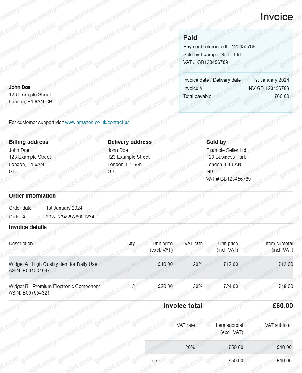 Amazon VAT Invoice Template (UK/EU) receipt template preview